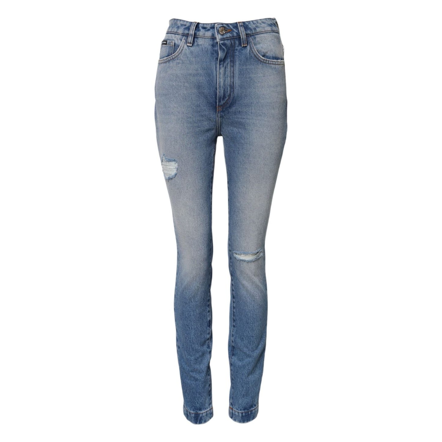 Dolce & Gabbana Blue Washed Skinny High Waist Denim Jeans with zipper closure and logo details, made of 98% cotton, perfect for style.
