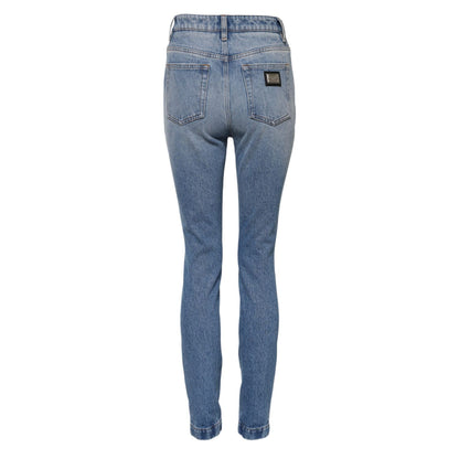 Dolce & Gabbana Blue Washed Skinny High Waist Denim Jeans back view with logo details, made in Italy, crafted from cotton-elastane blend.