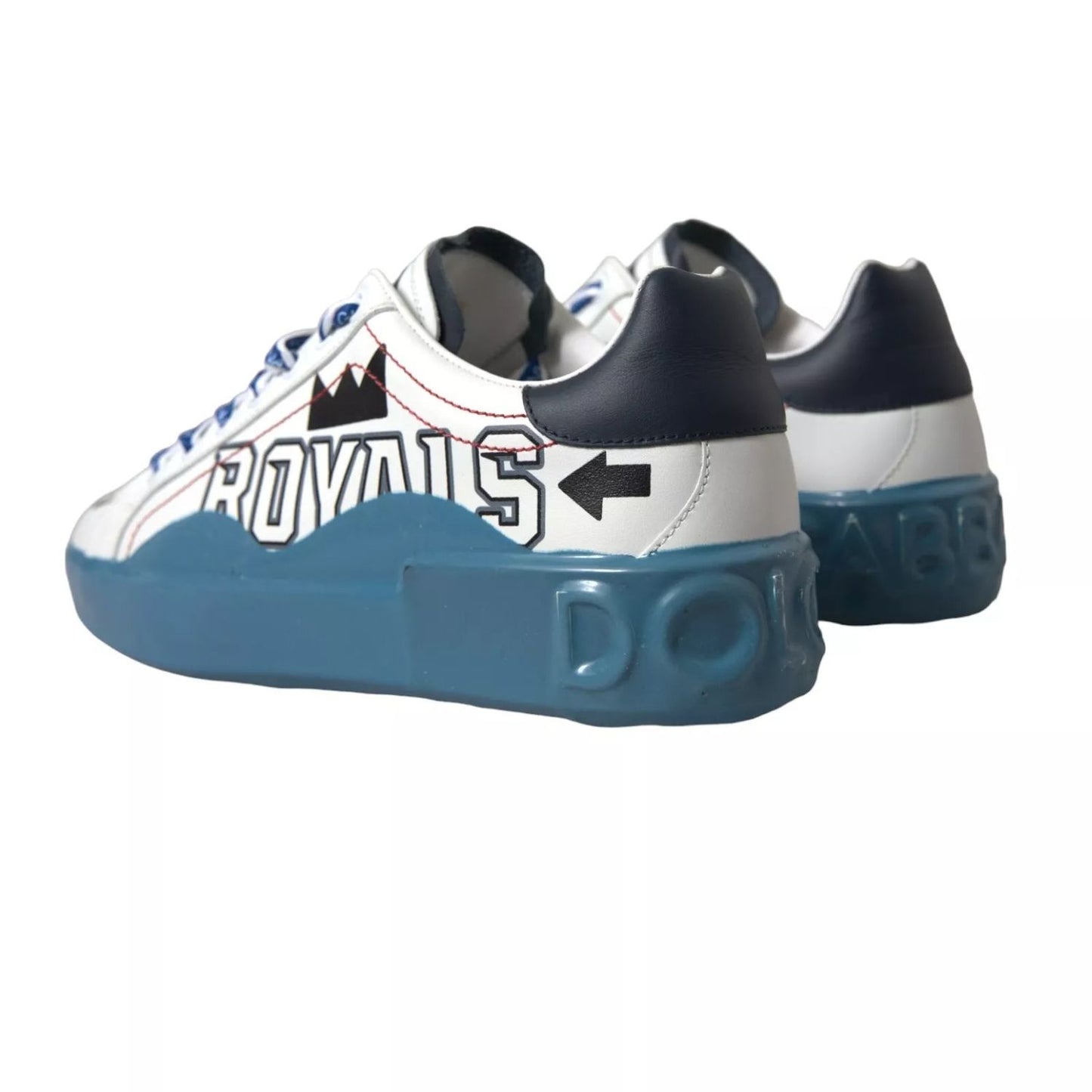 Dolce & Gabbana Blue White Printed Portofino Melt Sneakers, low top leather shoes with rubber sole featuring logo and graphic details.