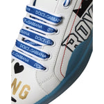 Dolce & Gabbana Blue White Printed Portofino Melt Sneakers, close-up of white and blue leather with logo and unique designs.