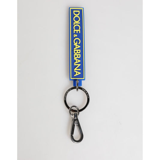 Dolce & Gabbana Blue Yellow DG Rubber Logo Silver Men's Keychain Keyring with silver brass and engraved metal hardware.