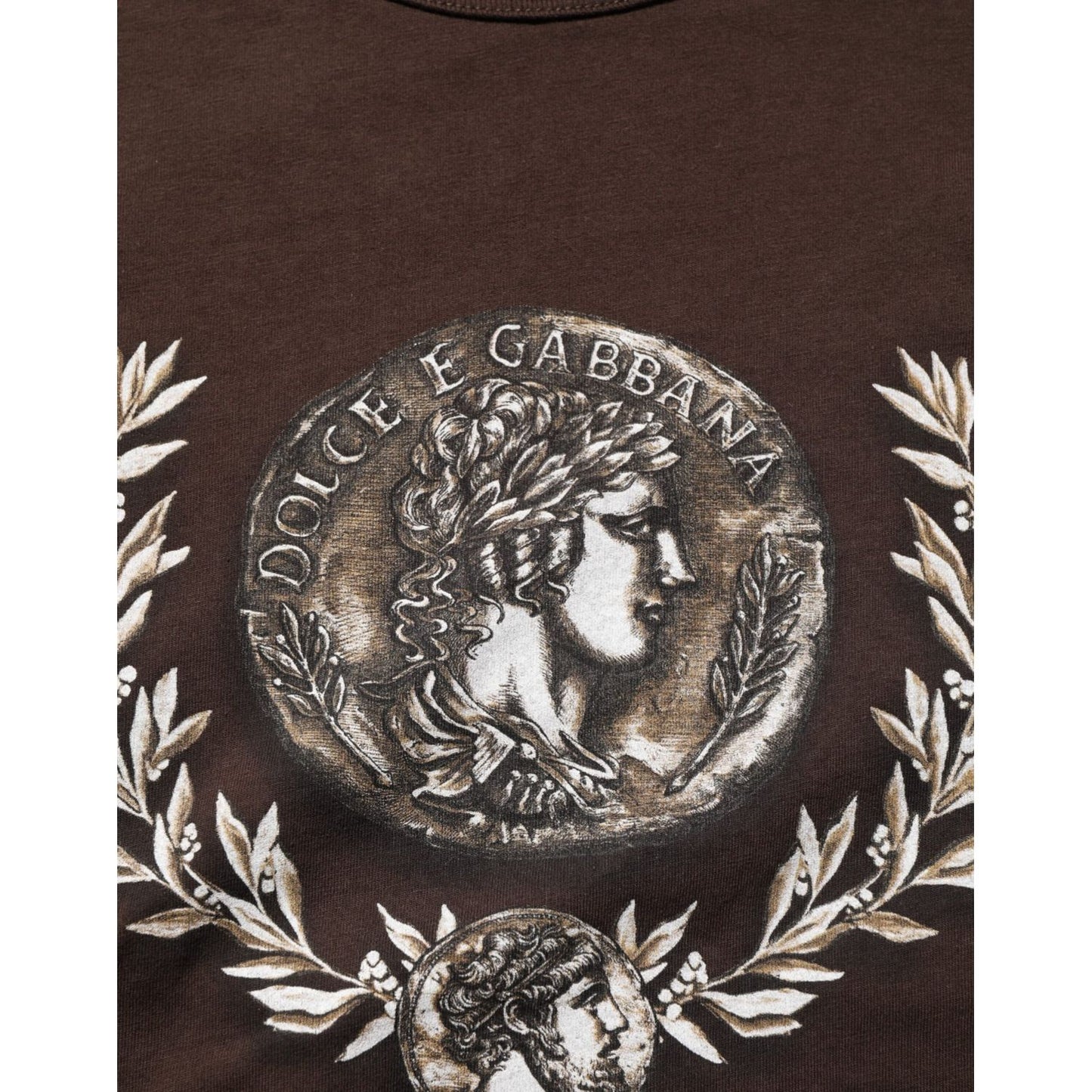 Dolce & Gabbana Brown Coin Laurel Print Men Crew Neck T-shirt