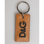 Dolce & Gabbana Brown Leather Logo Metal Ring Keychain Holder Men Keyring with silver detailing, made in Italy.