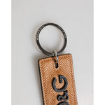 Dolce & Gabbana Brown Leather Logo Metal Ring Keychain Holder Men Keyring with silver detailing and engraved hardware.