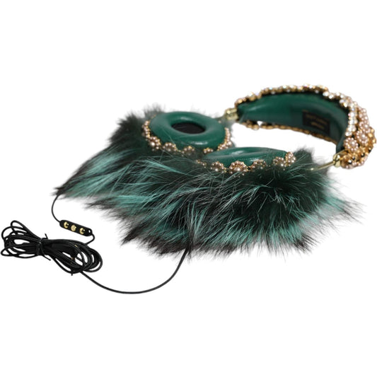 Dolce & Gabbana Green Gold Crystal Fur Headset Audio AUX Headphones SMY10424