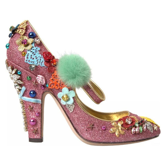 Dolce & Gabbana Pink Embellished Fur Mary Jane Pumps Shoes LA10945-39