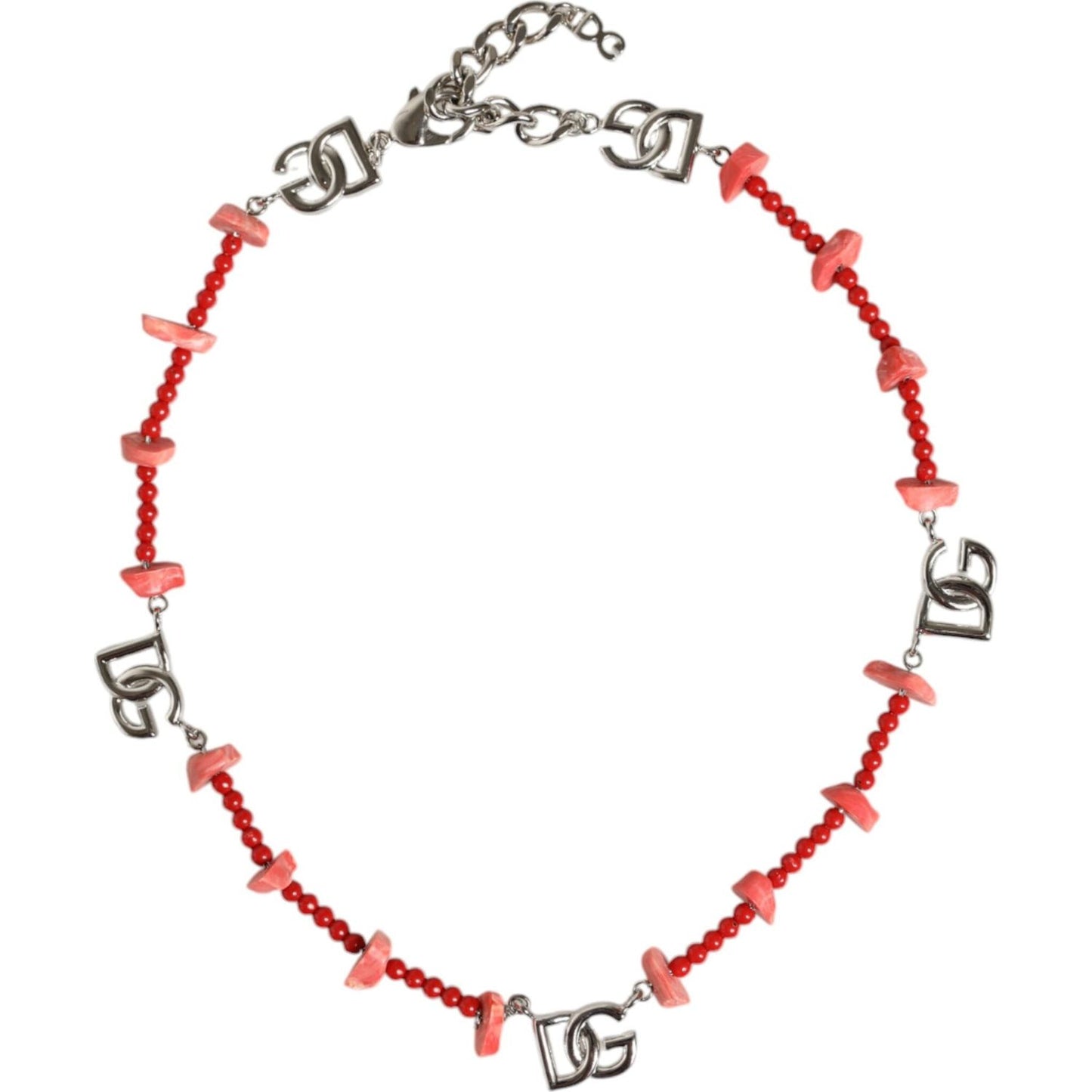 Dolce & Gabbana Silver Tone Brass Beaded Resin DG Logo Chain Necklace SMY10365