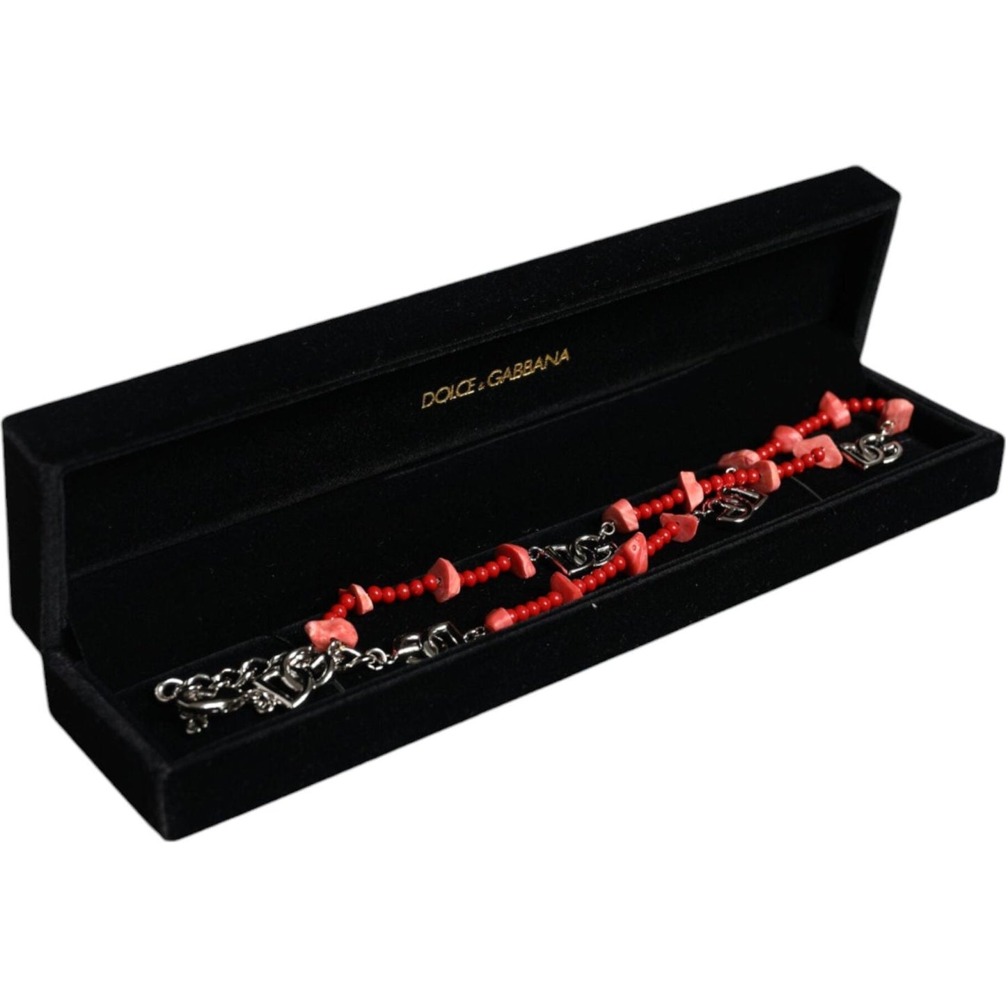 Dolce & Gabbana Silver Tone Brass Beaded Resin DG Logo Chain Necklace SMY10365