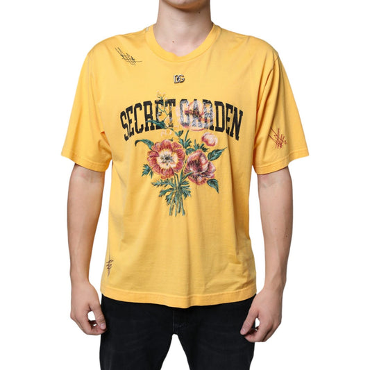 Dolce & Gabbana Yellow Secret Graden Floral Cotton Crew Neck T-shirt TSH86655-48