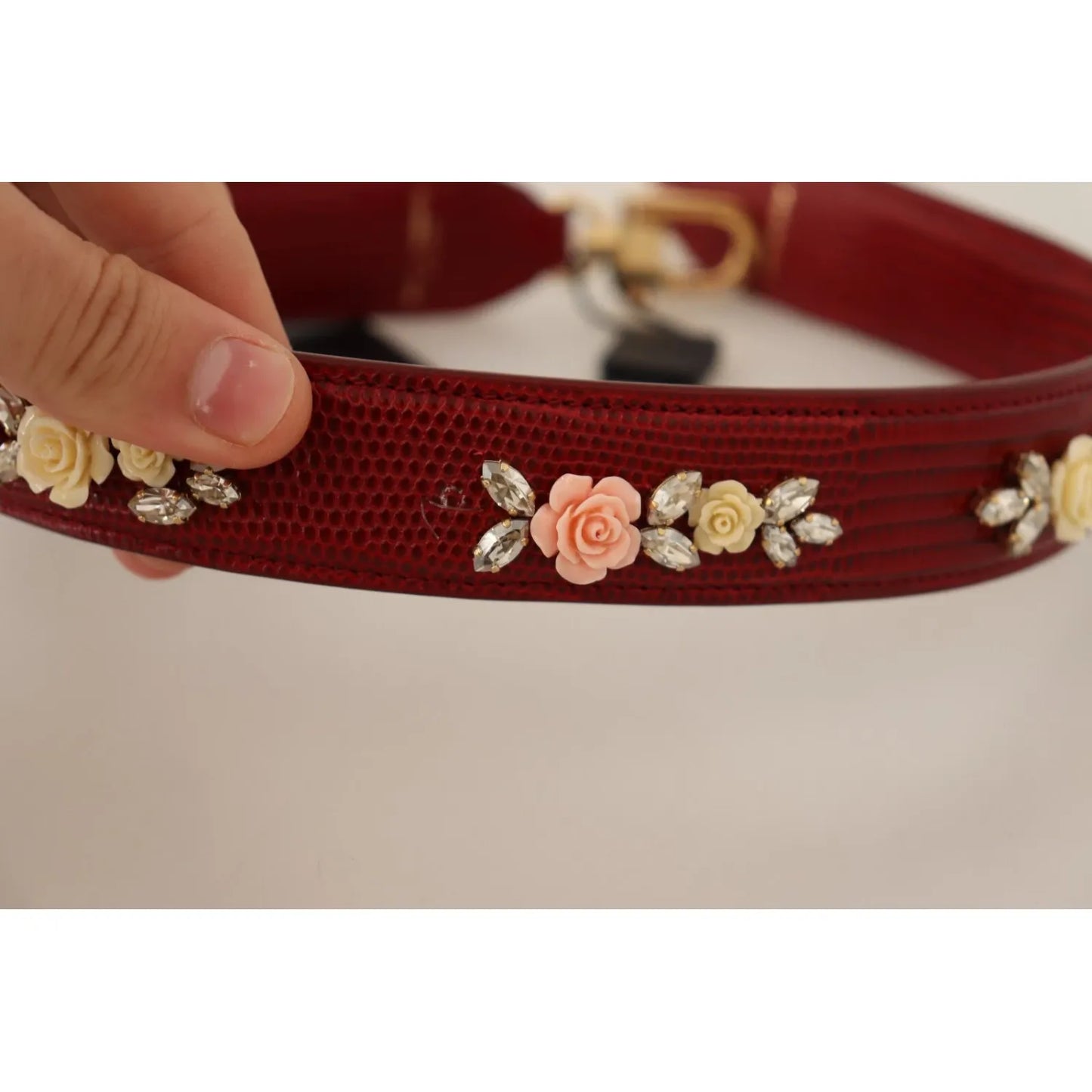 Dolce & Gabbana Floral Crystals Exotic Shoulder Strap Bag Accessory in Bordeaux leather with floral and gold-tone detailing.