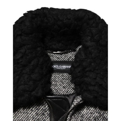 Dolce & Gabbana Gray Wool Herringbone Shearling Collar Bomber Jacket