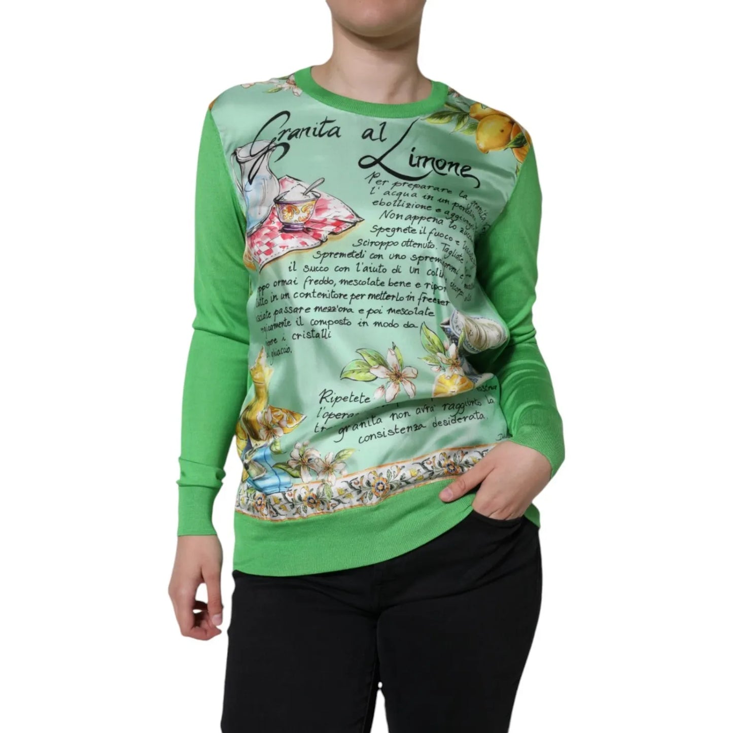 Dolce & Gabbana Green Lemon Print Pullover Silk Women Sweater with Granita al Limone design, 100% silk, vibrant Italian style
