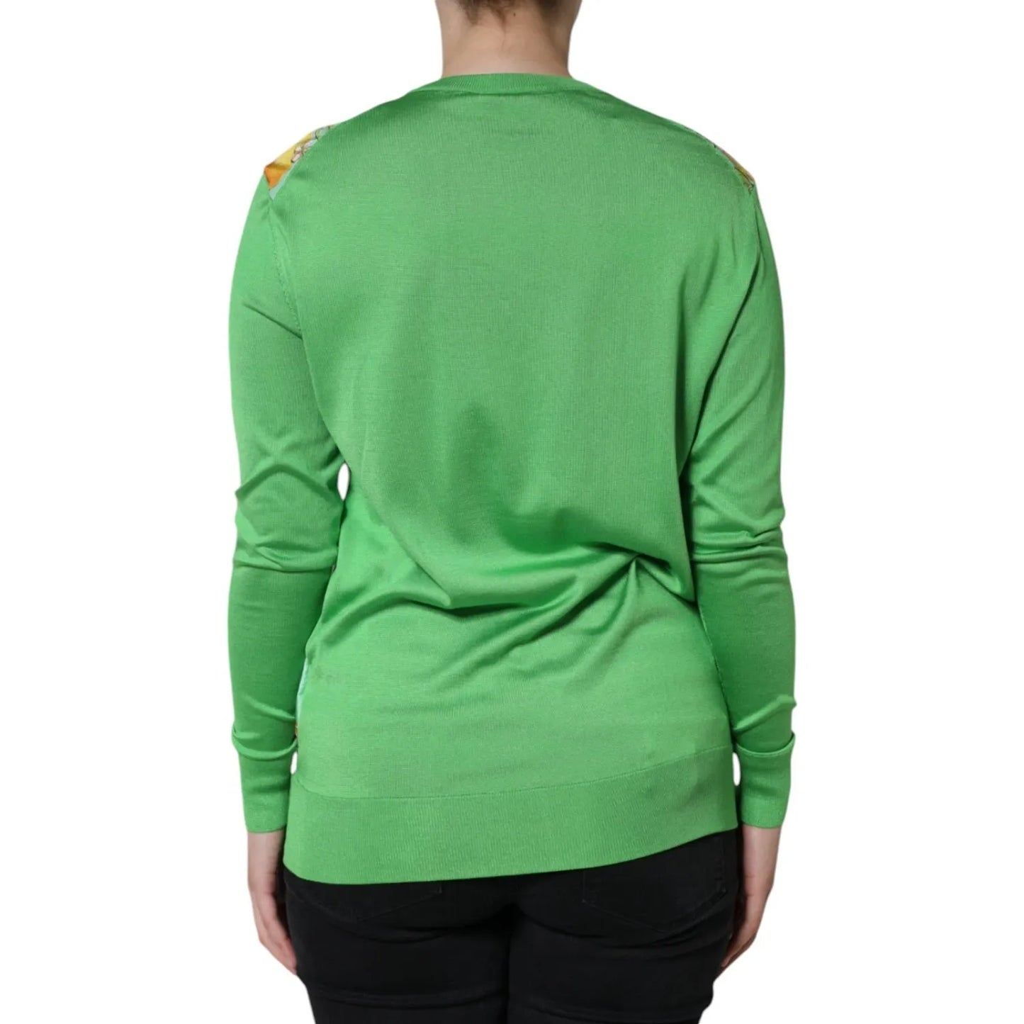 Back view of Dolce & Gabbana Green Lemon Print Pullover Silk Women Sweater, showcasing luxurious silk and vibrant lemon print design.