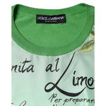 Dolce & Gabbana Green Lemon Print Pullover Silk Women Sweater featuring Italian text design and vibrant colors with brand label detail.