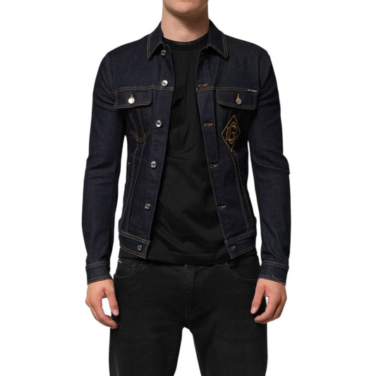 Dolce & Gabbana Indigo Blue Denim Slim Fit Logo Patch Jacket on model's front view