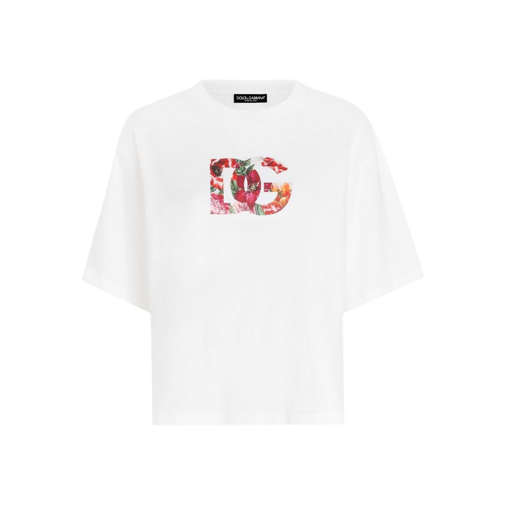 Dolce & Gabbana Logo cotton t-shirt, white crew neck with floral logo, short sleeves, straight hem, stylish designer fashion.