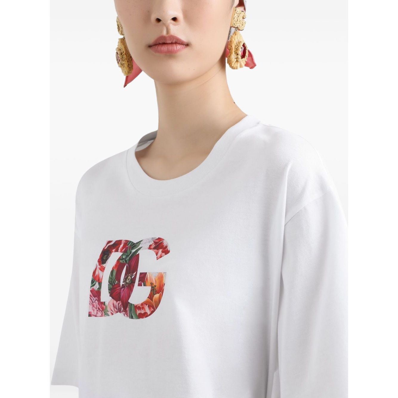 Dolce & Gabbana Logo cotton t-shirt in white with floral pattern logo, crew neck, short sleeves, shown on model