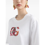 Dolce & Gabbana Logo cotton t-shirt in white with floral pattern logo, crew neck, short sleeves, shown on model