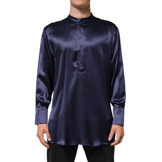 Dolce & Gabbana Navy Silk Long Sleeve Mandarin Collar Shirt with button front, shown on a model, highlighting the slim fit and luxurious fabric.