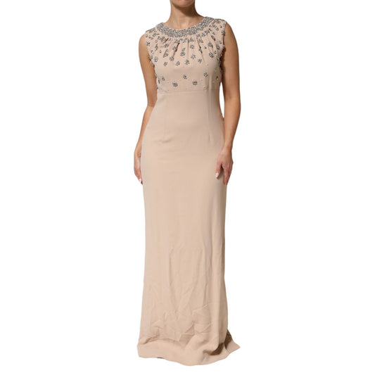 Dolce & Gabbana Nude Ecru Beaded Crystal Embellished Dress, sleeveless evening gown with sparkling details and elegant design.