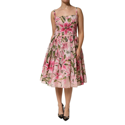 Dolce & Gabbana Pink Floral Lily Print Midi Sleeveless Dress with square neckline and pleated skirt