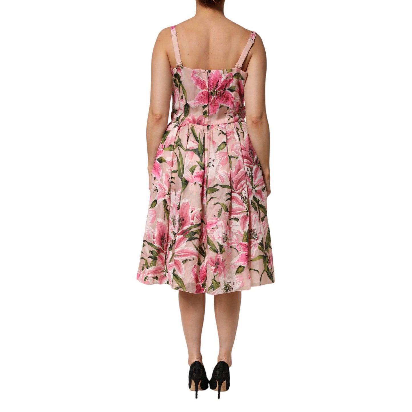 Back view of Dolce & Gabbana Pink Floral Lily Print Midi Sleeveless Dress with pleated skirt and fitted bodice.
