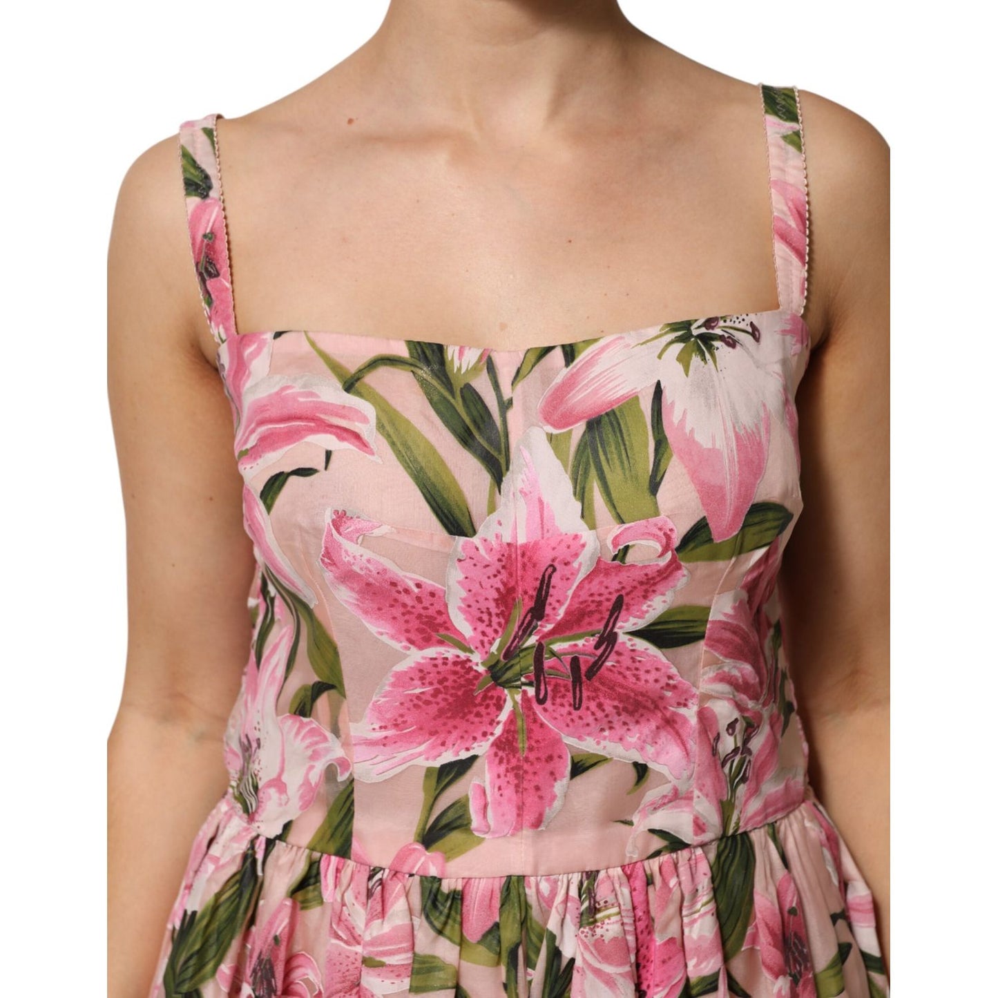 Dolce & Gabbana Pink Floral Lily Print Midi Sleeveless Dress with square neckline and fitted bodice