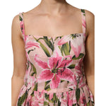 Dolce & Gabbana Pink Floral Lily Print Midi Sleeveless Dress with square neckline and fitted bodice