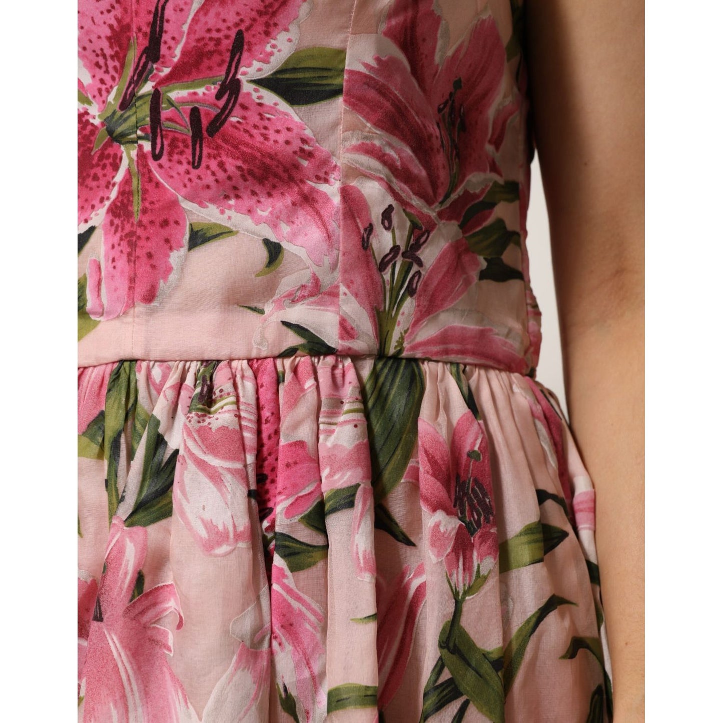 Dolce & Gabbana Pink Floral Lily Print Midi Sleeveless Dress with pleated skirt