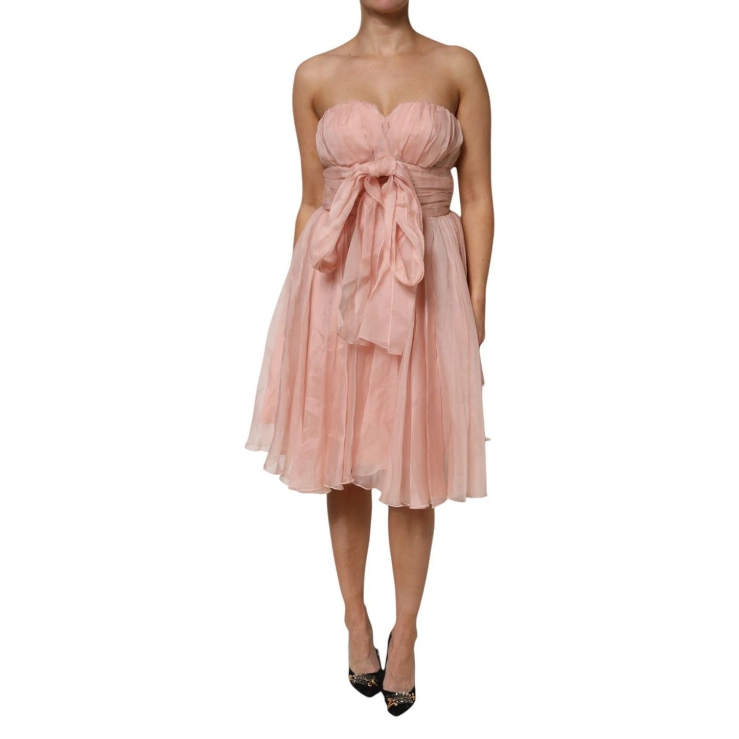 Dolce & Gabbana Pink Silk Chiffon A-line Pleated Midi Dress on display.