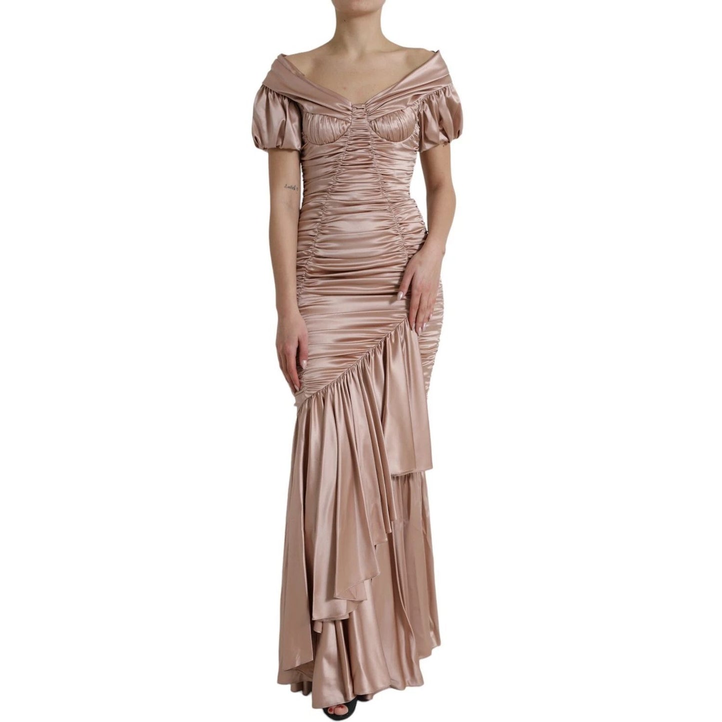 Dolce & Gabbana Pink Silk Stretch Sheath Mermaid Gown Dress with off-shoulder design and elegant ruffles on a mannequin.