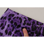 Close-up of Dolce & Gabbana Purple Leopard Print Pencil Cut Mini Skirt showing fabric details and minor pulled threads