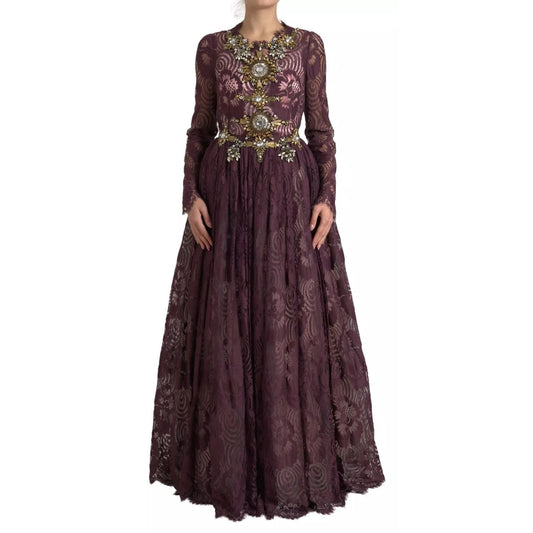 Dolce & Gabbana Purple Viscose Crystal A-Line Gown Dress with floral embroidery, featuring full length maxi design and multicolor crystals