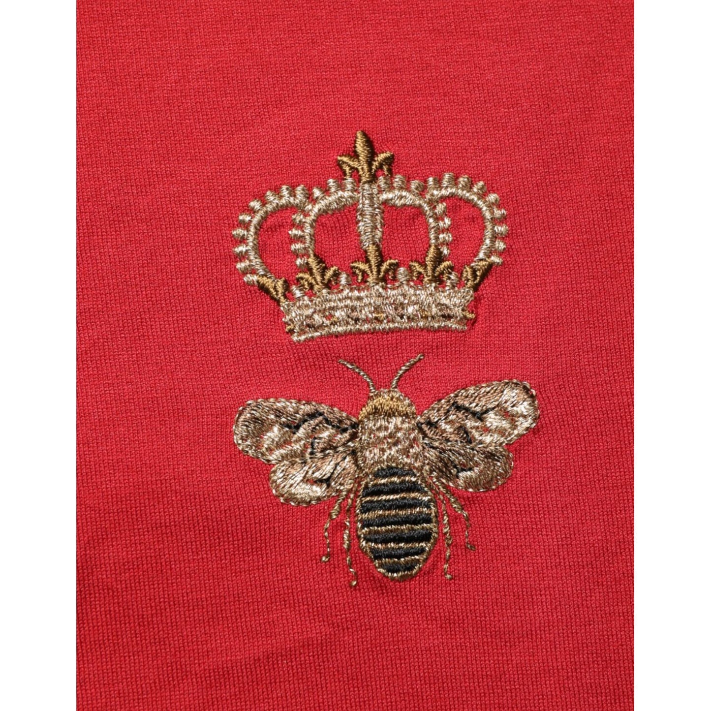 Dolce & Gabbana Red Crown Bee Cotton Short Sleeve T-shirt featuring embroidered crown and bee motif, close-up view.