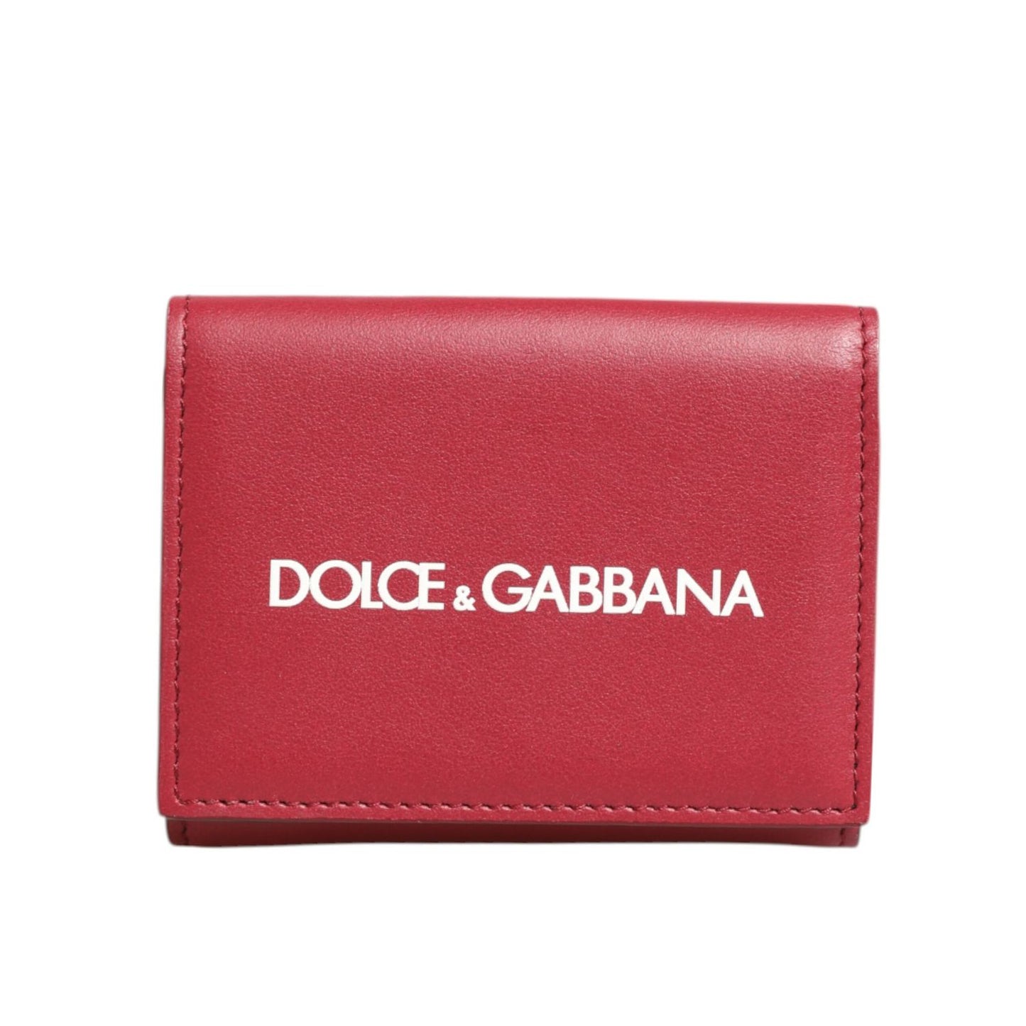 Dolce & Gabbana Red Leather Bold Logo Print Trifold Card Holder Wallet displayed on a white background.