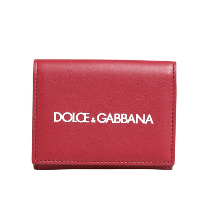 Dolce & Gabbana Red Leather Bold Logo Print Trifold Card Holder Wallet, high-quality Italian leather with white logo.