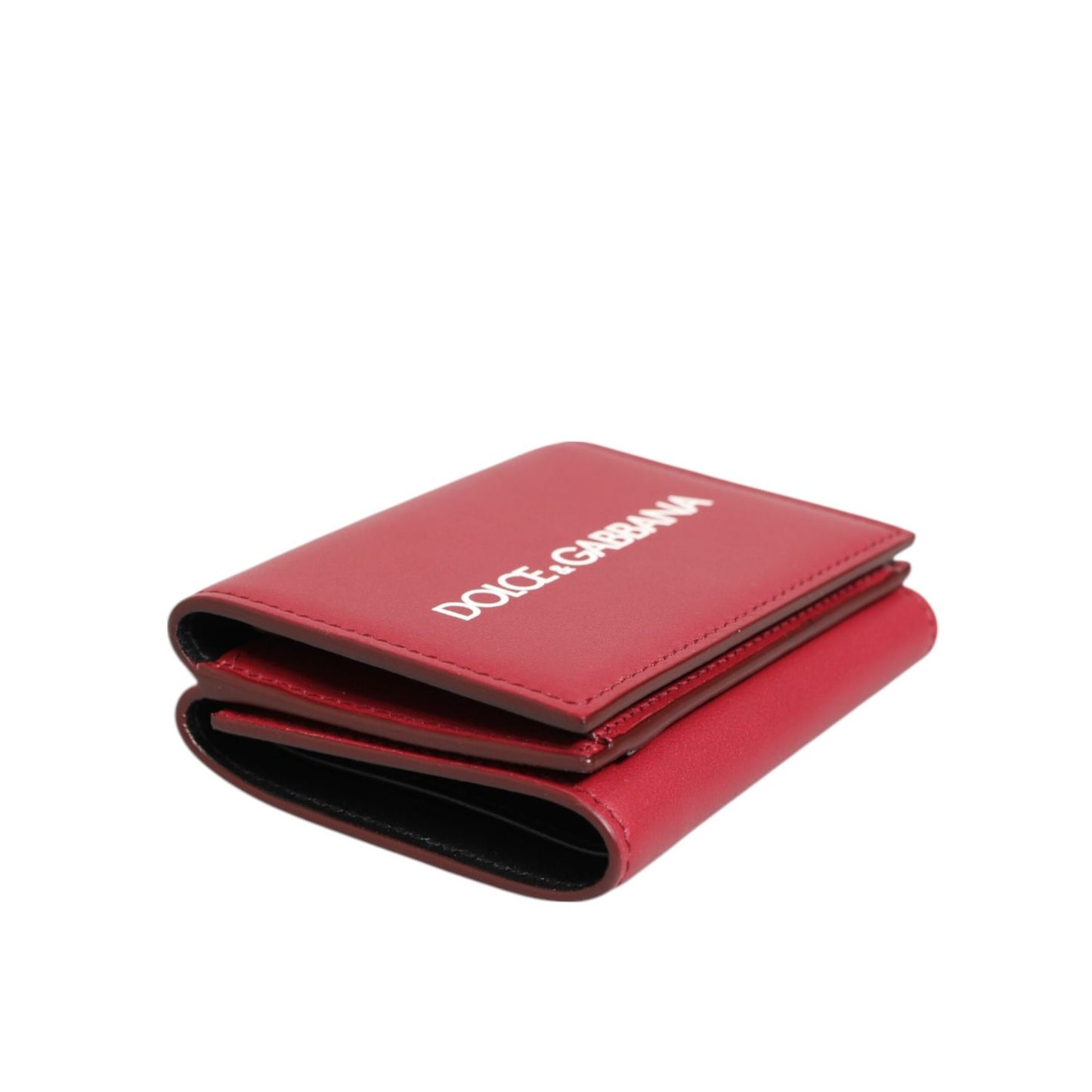 Dolce & Gabbana Red Leather Bold Logo Print Trifold Card Holder Wallet with sleek design, crafted in Italy from high-quality leather.