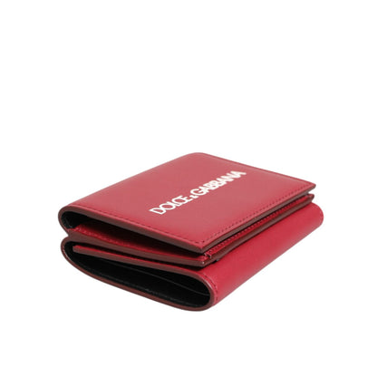 Dolce & Gabbana Red Leather Bold Logo Print Trifold Card Holder Wallet with sleek design, crafted in Italy from high-quality leather.