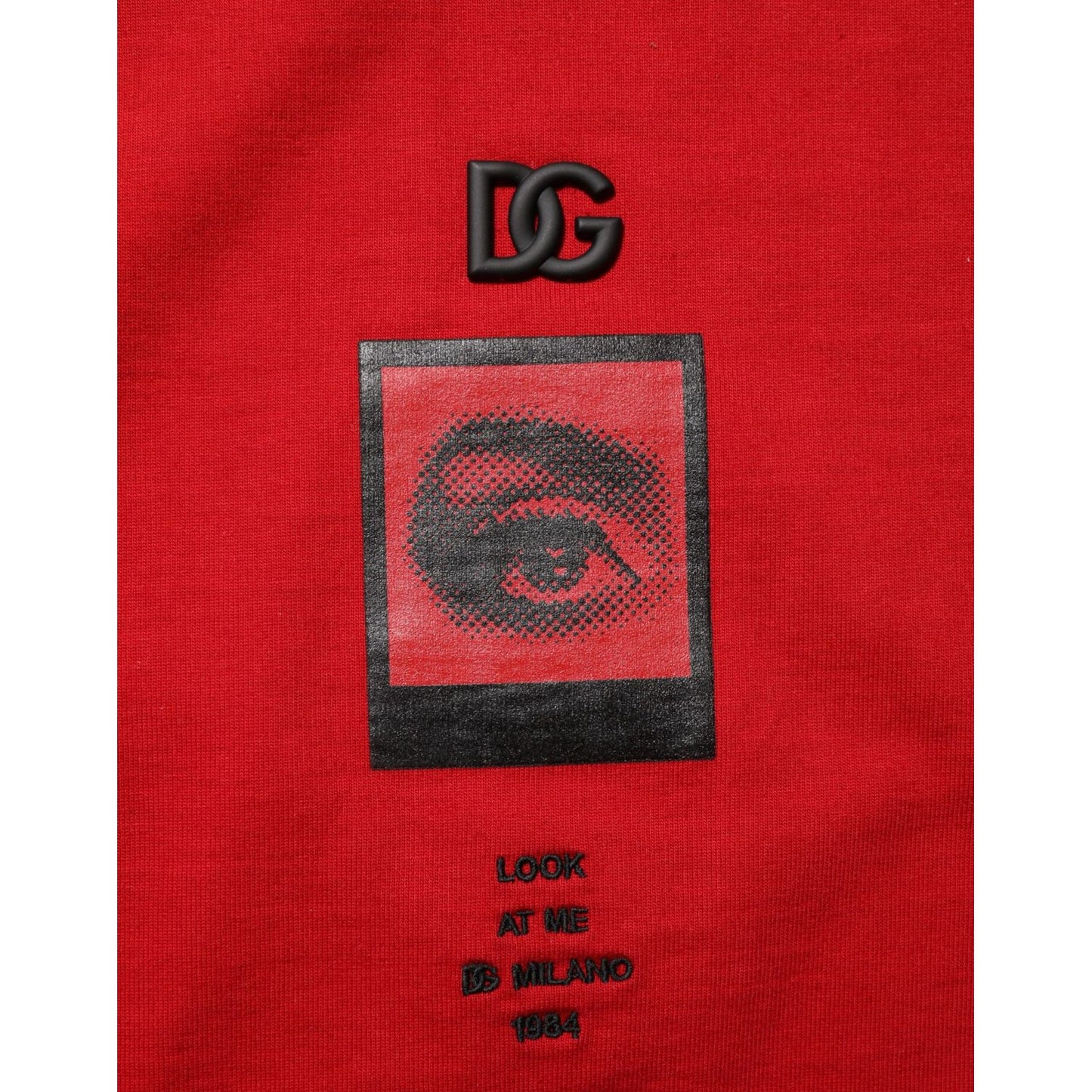 Dolce & Gabbana Red Logo Eye Print Cotton Short Sleeve T-shirt with eye graphic and DG logo, stylish casual wear in soft cotton.