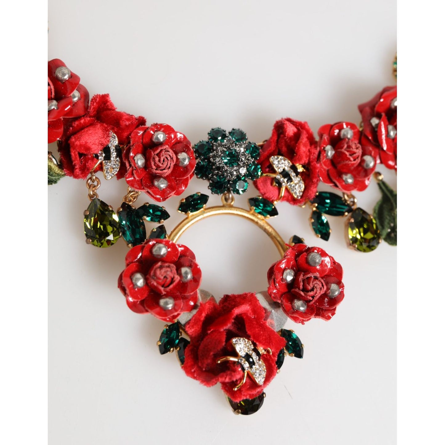 Dolce & Gabbana Red Rose Floral Crystal Embellished Statement Jewelry Necklace