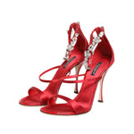 Dolce & Gabbana Red Satin Crystals Keira Sandals Heel Shoes