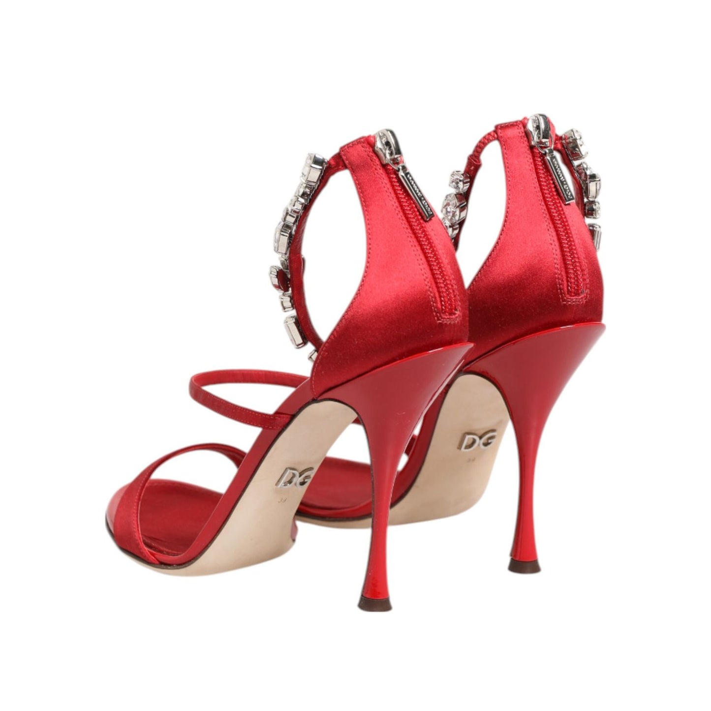 Dolce & Gabbana Red Satin Crystals Keira Sandals Heel Shoes