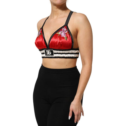 Dolce & Gabbana Red Satin Floral Embroidered Bralette Crop Top