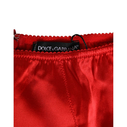 Close up of Dolce & Gabbana Red Silk Satin High-Waist Briefs Women Underwear showcasing luxurious satin fabric and branded waistband.