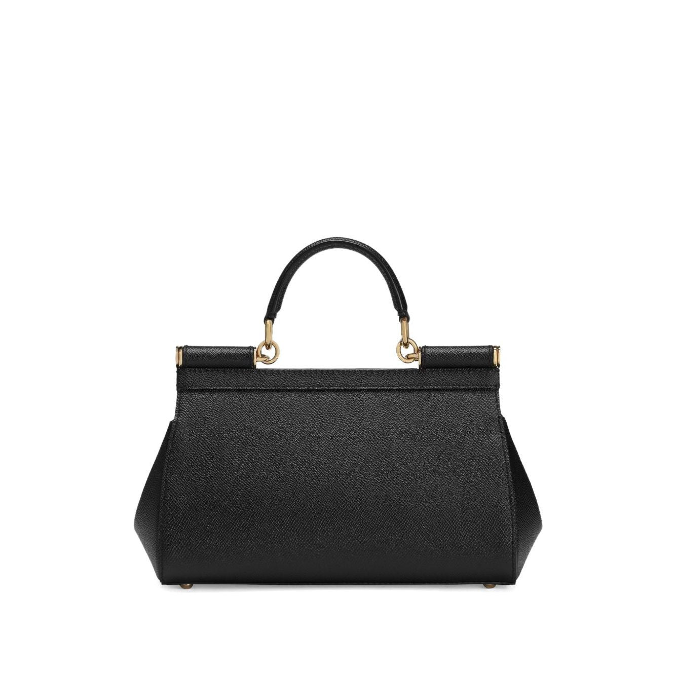 Dolce & Gabbana Sicily Medium Handbag in black leather with foldover top and push-lock fastening, featuring adjustable shoulder strap.