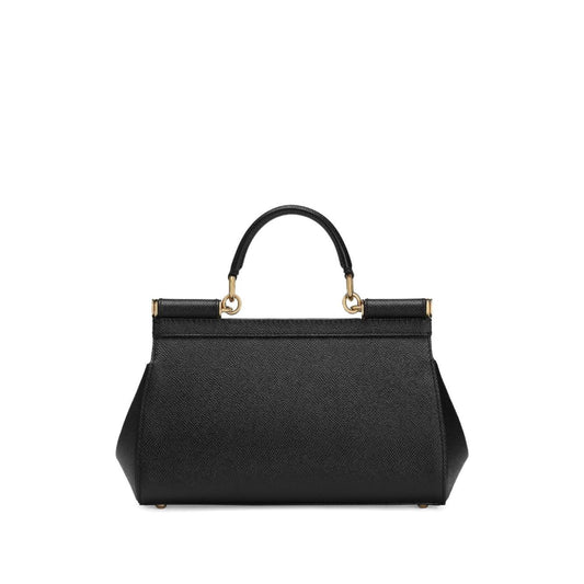 Dolce & Gabbana Sicily Medium Handbag in black leather with foldover top and push-lock fastening, featuring adjustable shoulder strap.