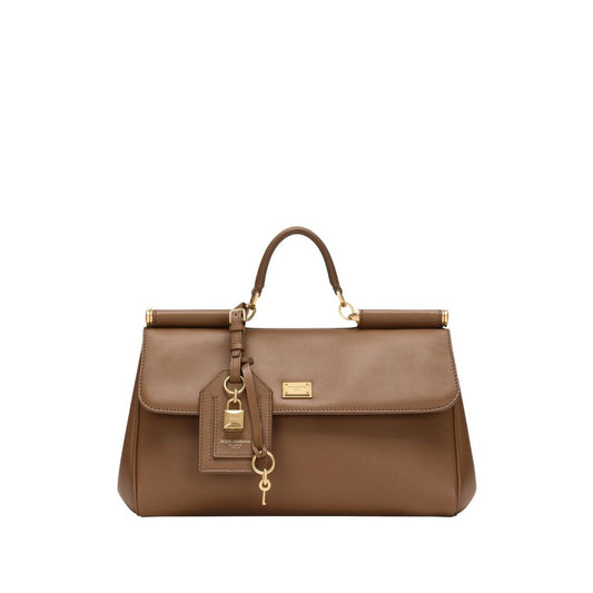 Dolce & Gabbana Sicily soft leather handbag in caramel brown with foldover top, magnetic fastening, and padlock detail