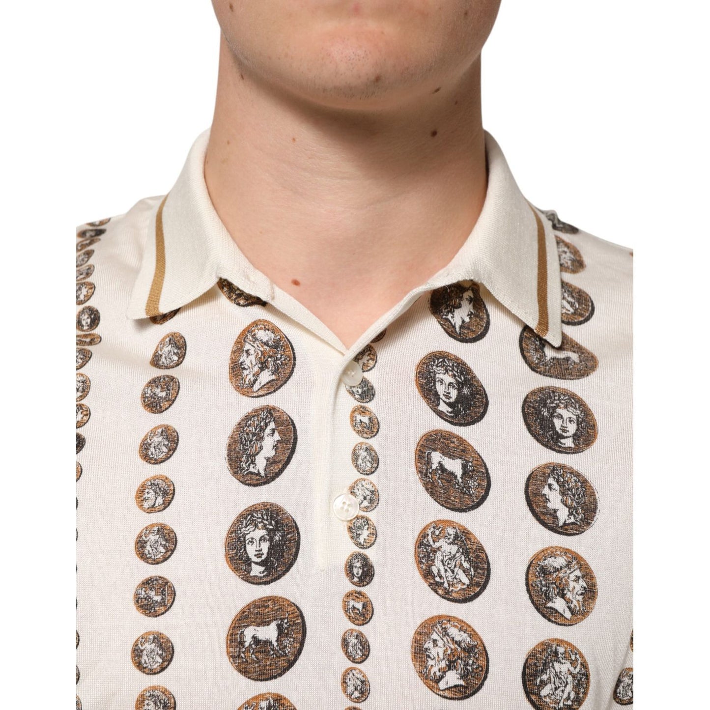 Dolce & Gabbana Silk Ivory Coin Print Logo Men Polo T-shirt