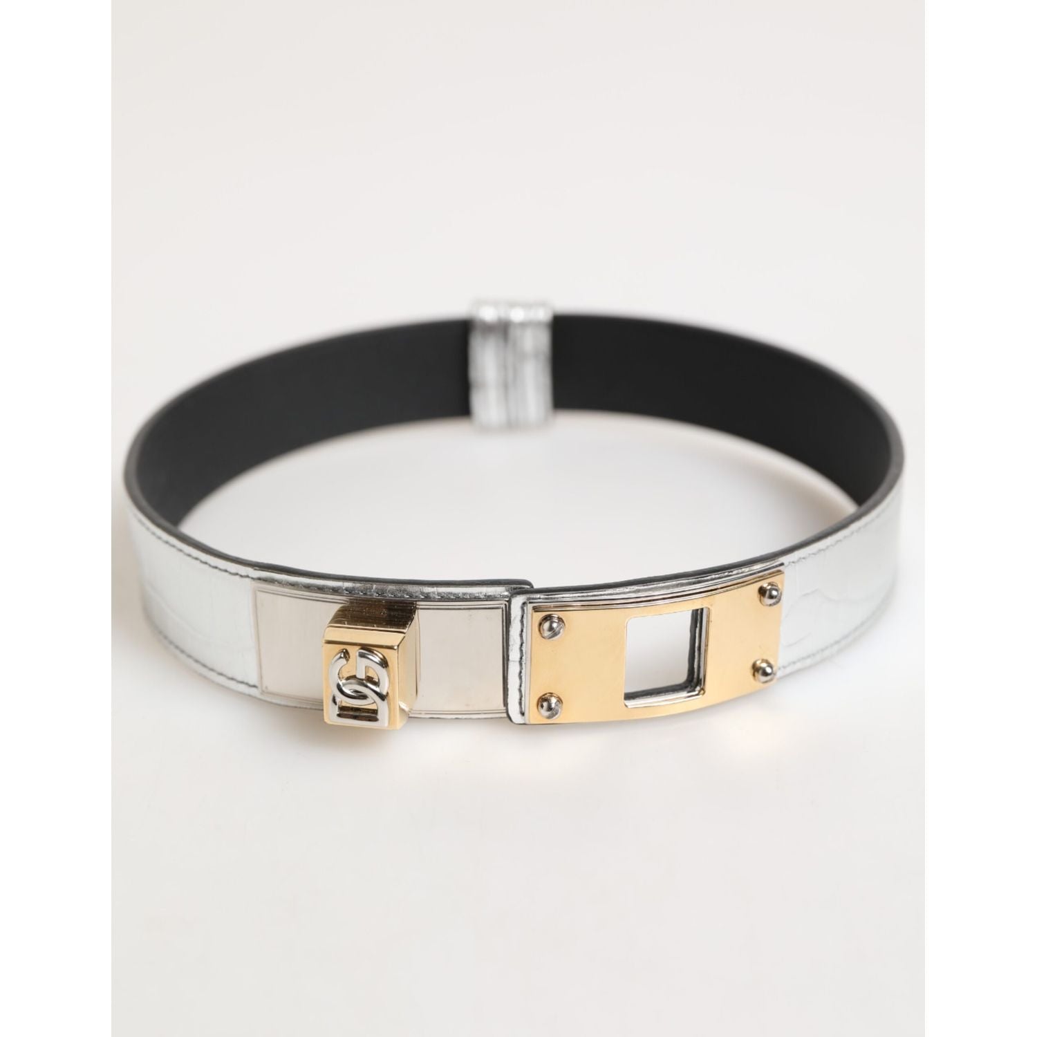 Dolce & Gabbana Silver Textured Leather Gold Tone Metal Neckband