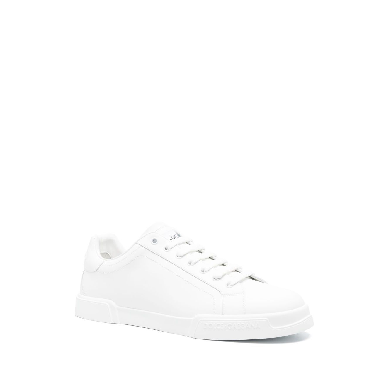 Dolce & Gabbana Sneakers White, front lace-up, round toe, logo at tongue, flat rubber sole, Portofino leather